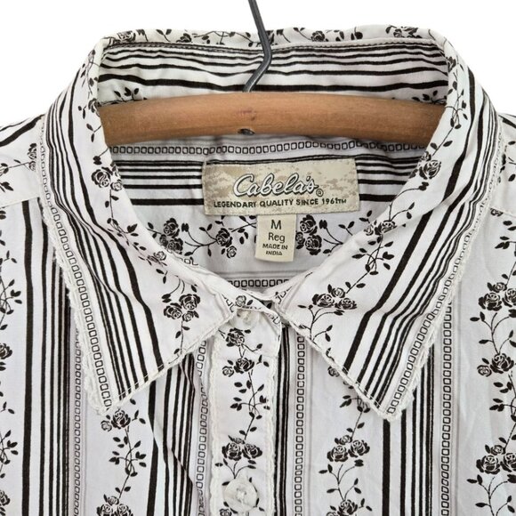 Cabelas Womens Floral Striped Button-Up Shirt Medium Brown & White Cotton - Picture 3 of 5